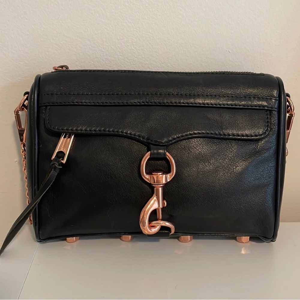 Rebecca Minkoff MAC Black Leather Crossbody Shoulder Bag Rose Gold Y2K Rare